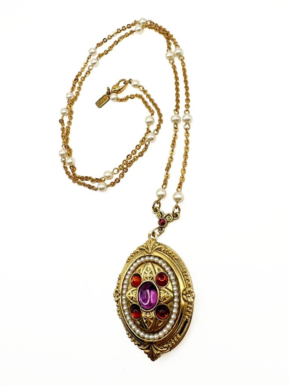 Vintage 1928 1990s Victorian Revival Purple Red Faux Pearl Locket Necklace